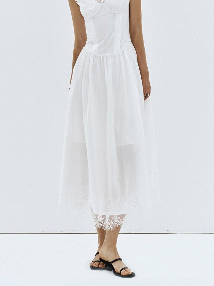 ENDO PER SE White Lace Trim Backless A Line V-neck Women's Cotton Slip Maxi Dresses