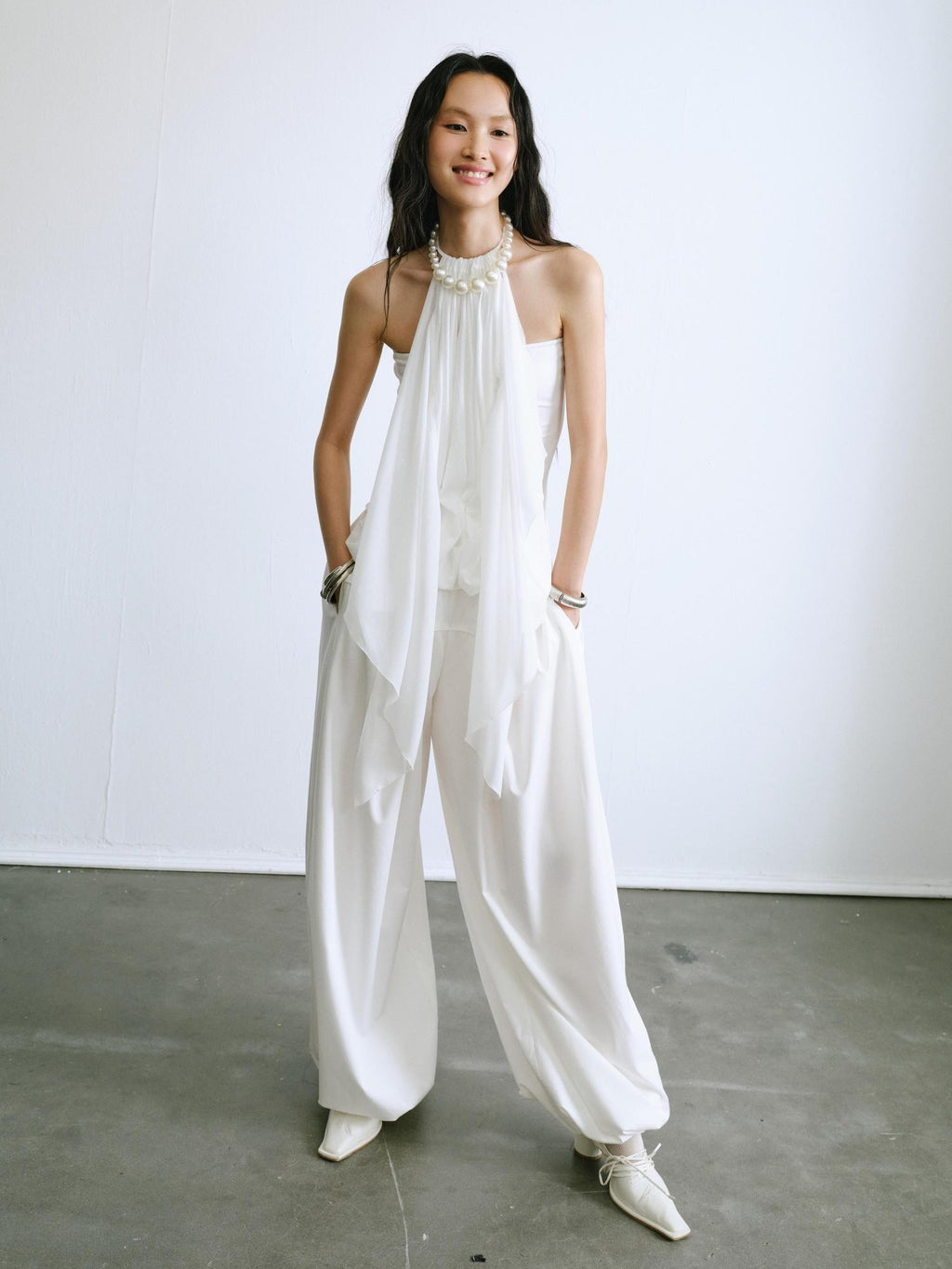 ENDO PER SE White Ruched Off Shoulder Drapey Women's Cotton Blend Halter Tops