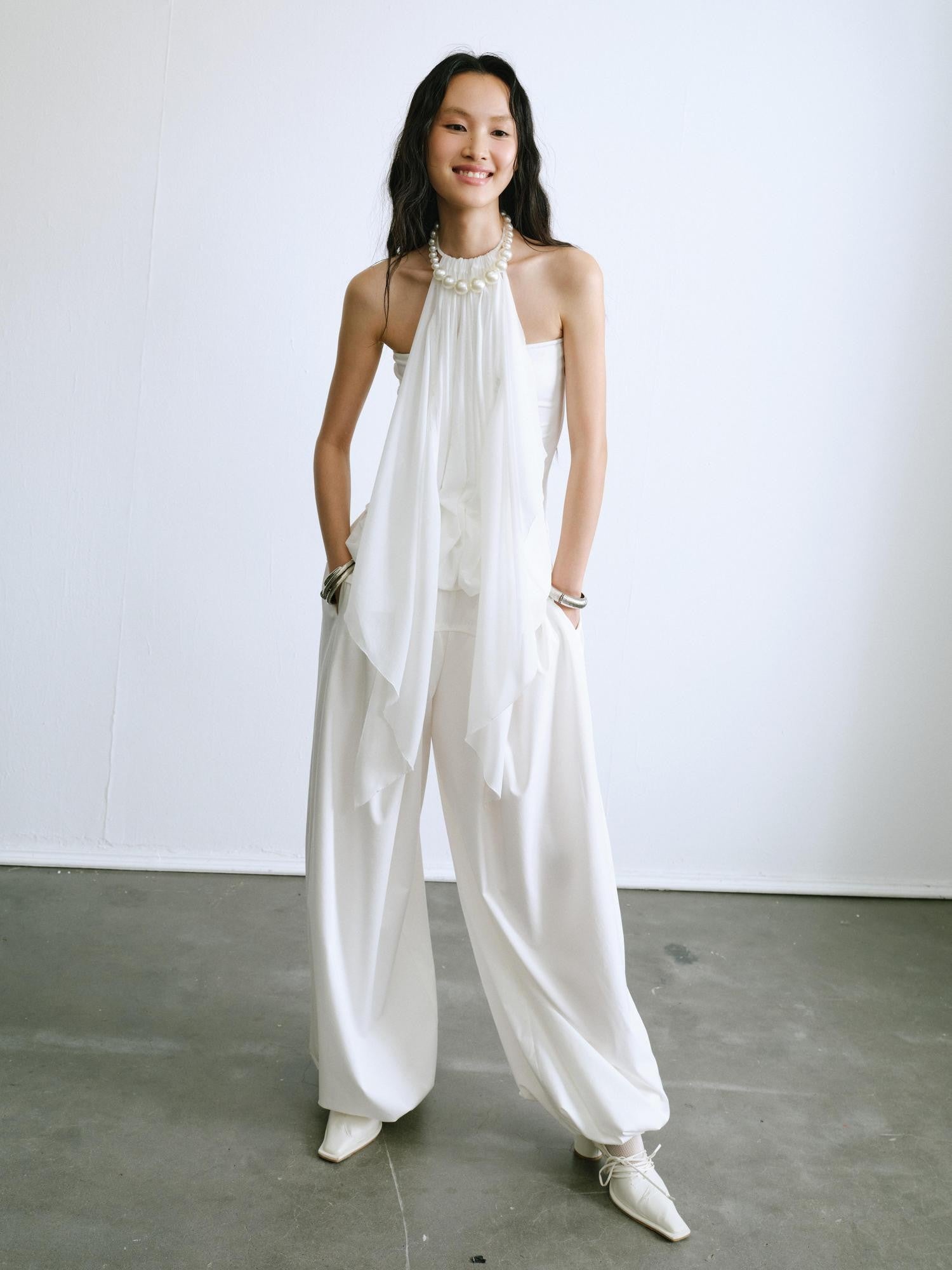 ENDO PER SE White Ruched Off Shoulder Drapey Women's Cotton Blend Halter Tops