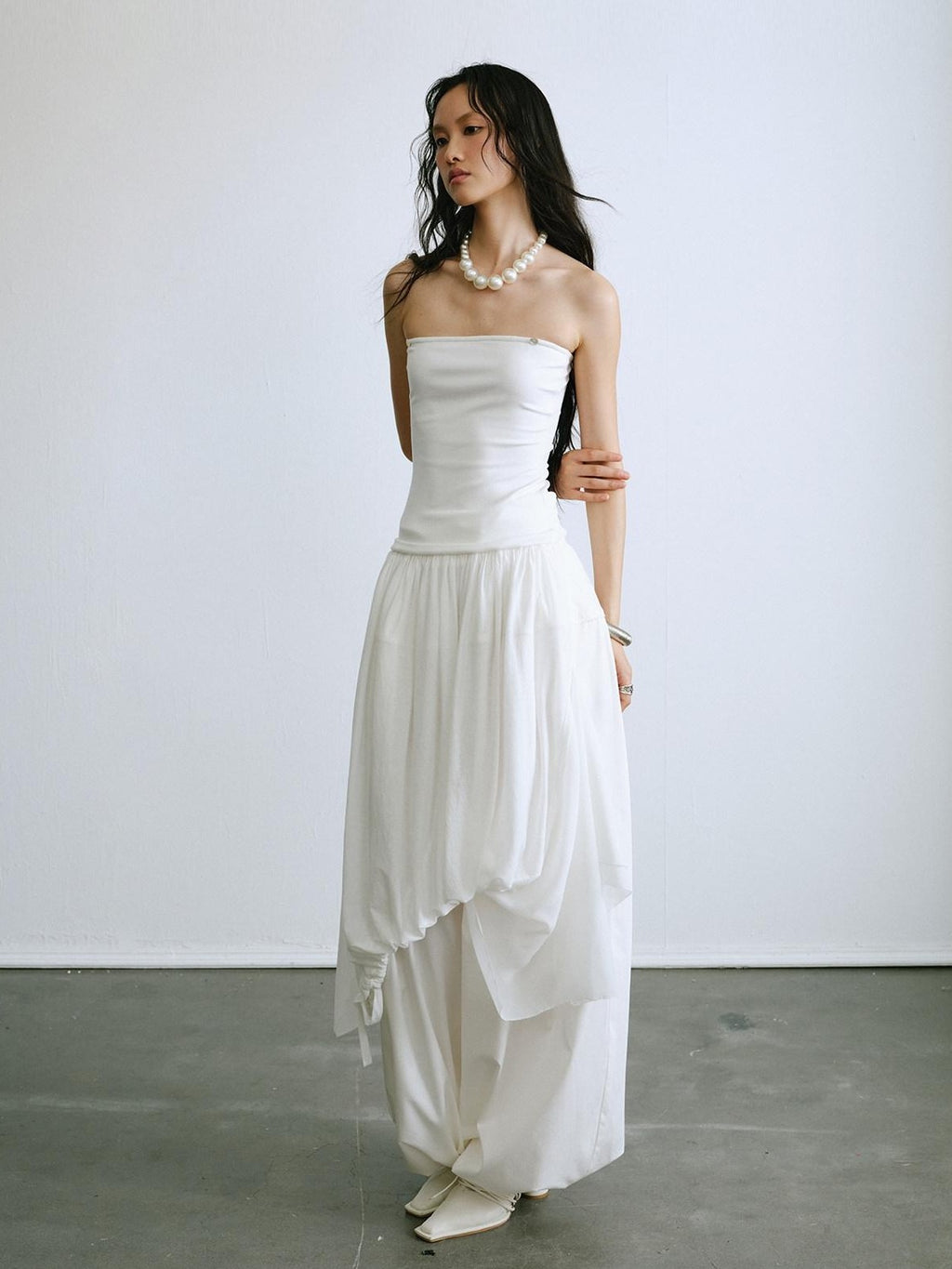 ENDO PER SE White Ruched Off Shoulder Drapey Women's Cotton Blend Halter Tops