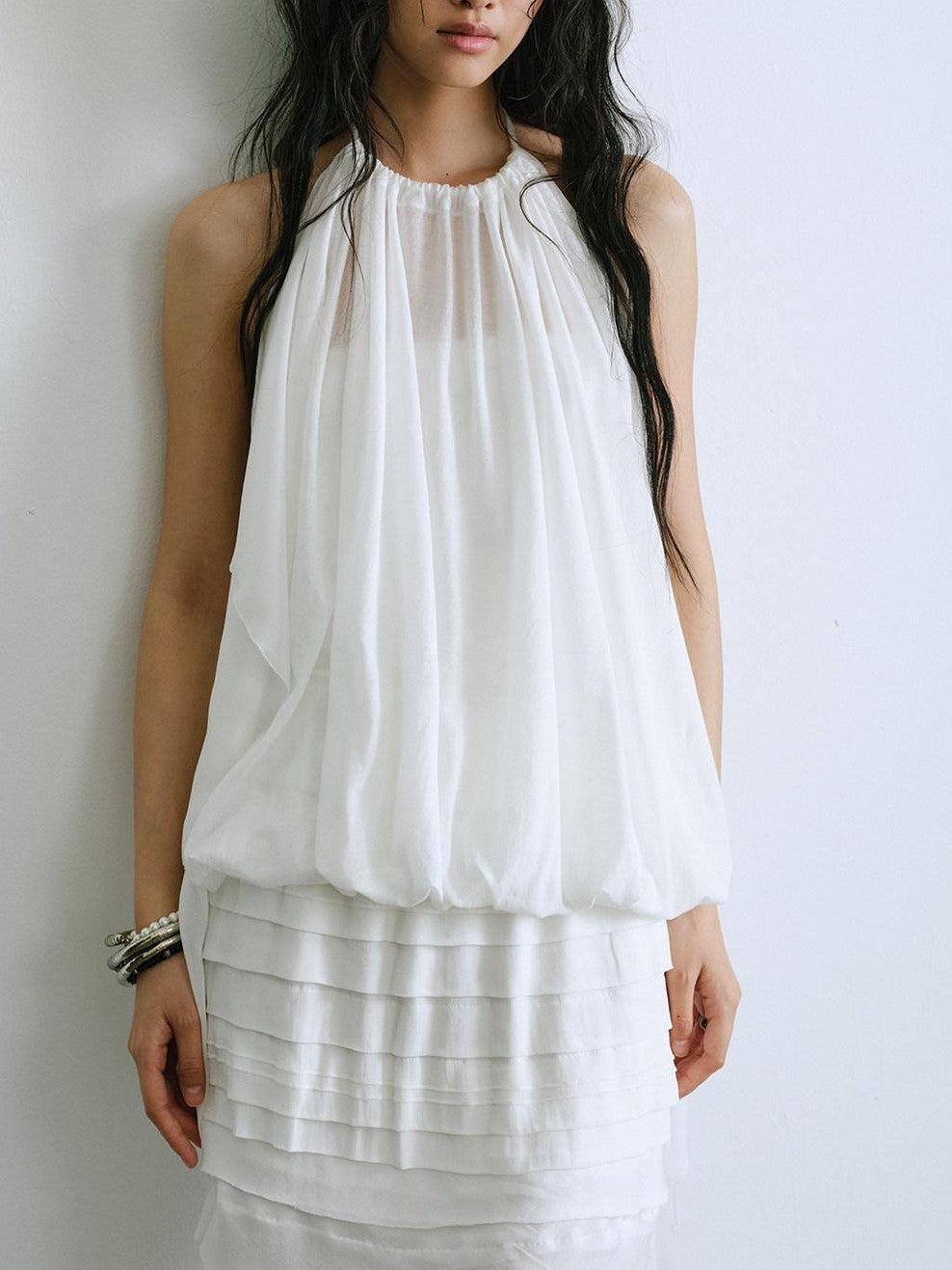 ENDO PER SE White Ruched Off Shoulder Drapey Women's Cotton Blend Halter Tops