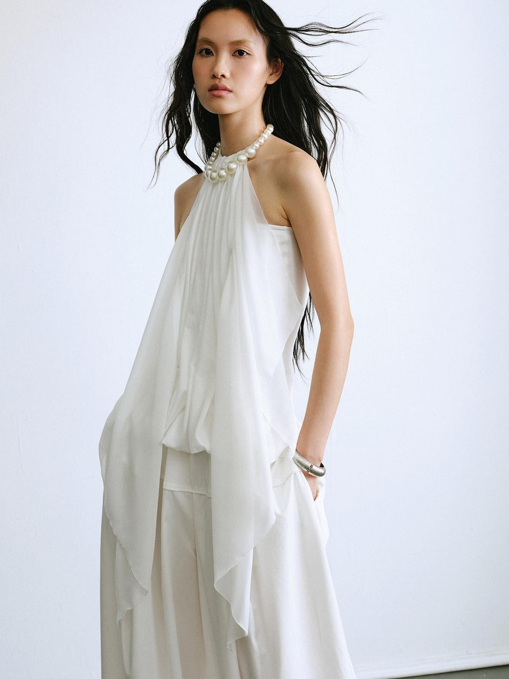 ENDO PER SE White Ruched Off Shoulder Drapey Women's Cotton Blend Halter Tops
