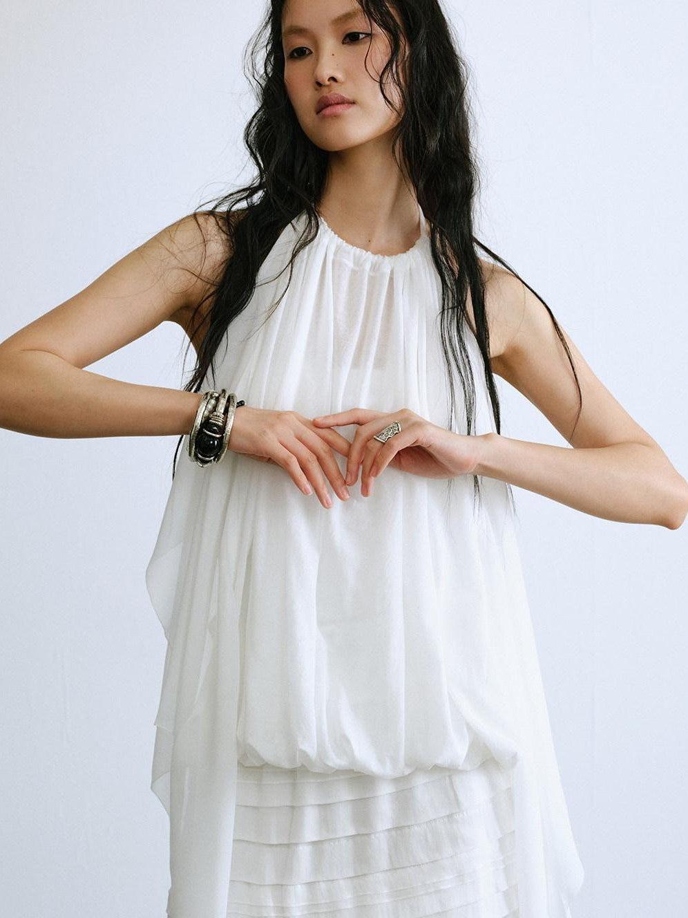 ENDO PER SE White Ruched Off Shoulder Drapey Women's Cotton Blend Halter Tops
