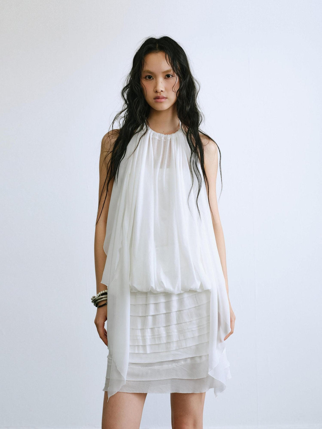 ENDO PER SE White Ruched Off Shoulder Drapey Women's Cotton Blend Halter Tops