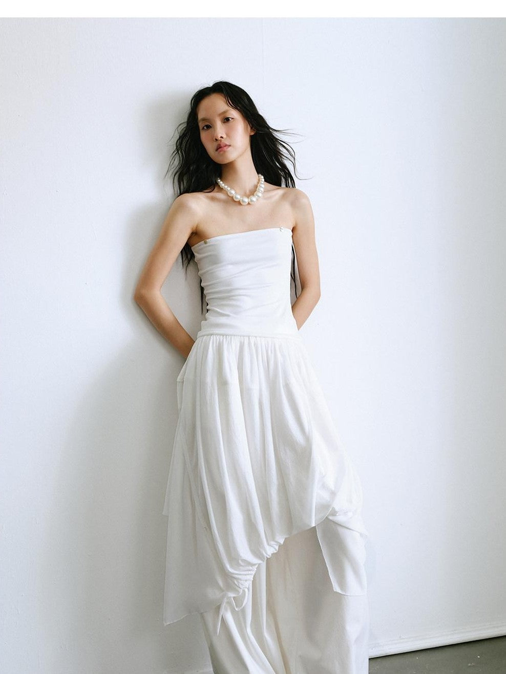 ENDO PER SE White Ruched Off Shoulder Drapey Women's Cotton Blend Halter Tops
