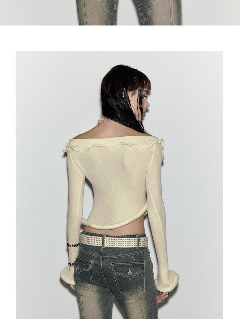 ENDO PER SE Y2k Hand Quilted Semi Sheer Off Shoulder Women's Cotton Long Sleeve T-shirts