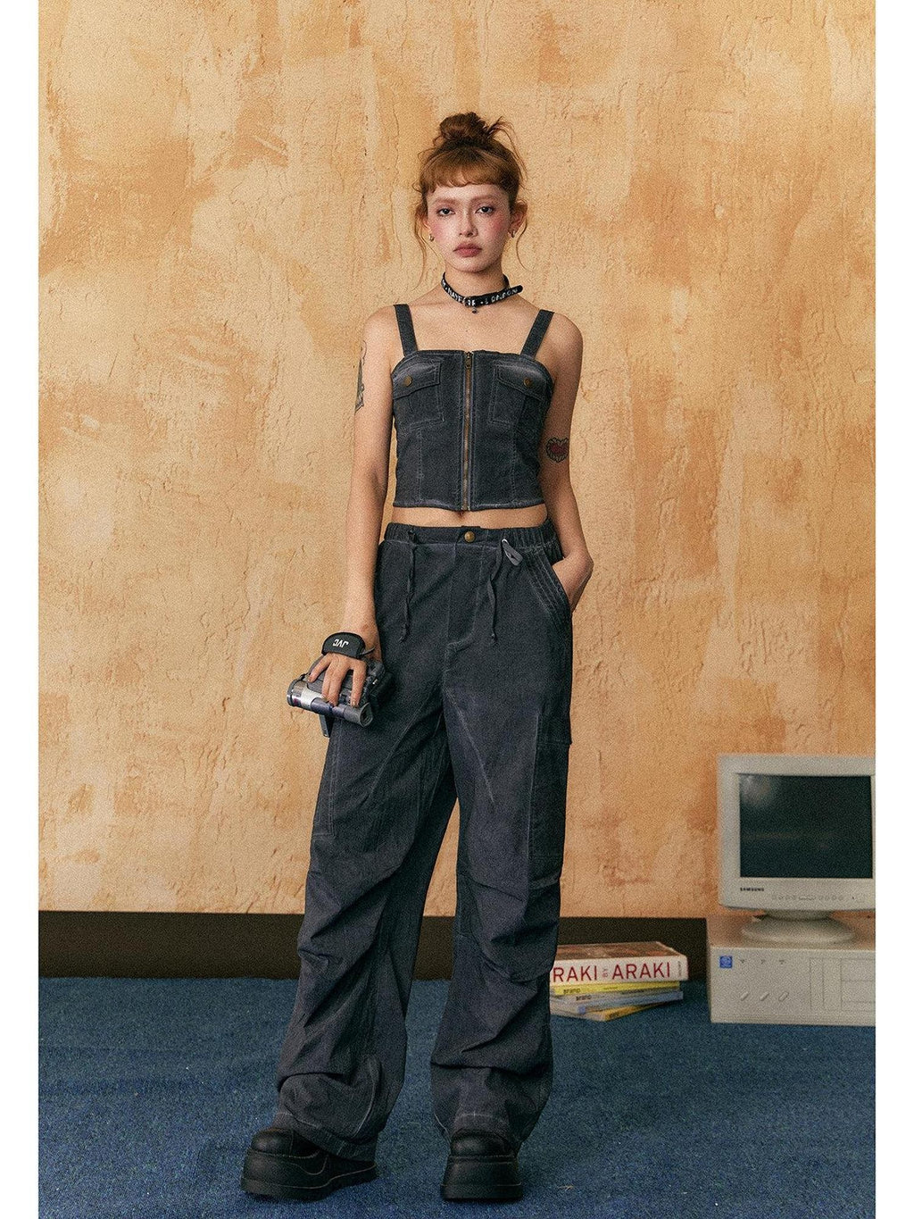 EZEK American Vintage Sexy Camisole Denim Women's Cotton Casual Top & Pants Sets