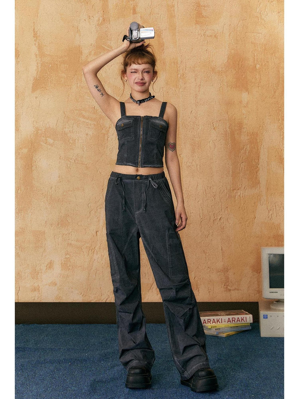 EZEK American Vintage Sexy Camisole Denim Women's Cotton Casual Top & Pants Sets
