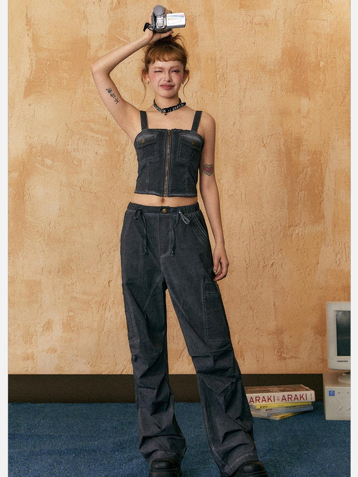 EZEK American Vintage Sexy Camisole Denim Women's Cotton Casual Top & Pants Sets
