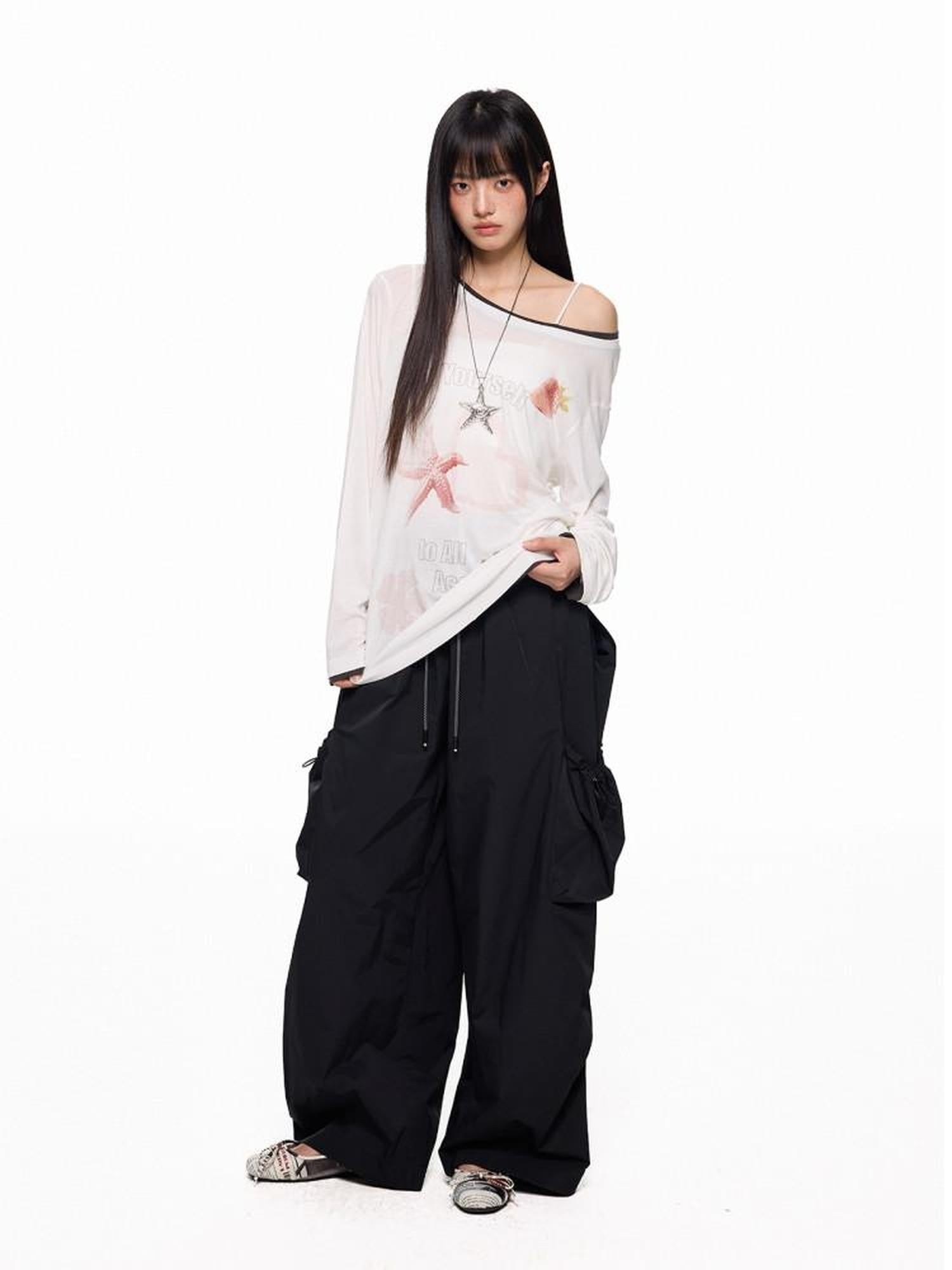 EZEK Apple Green Vintage Utility Cargo Pockets Women's Polyester Wide-leg Pants