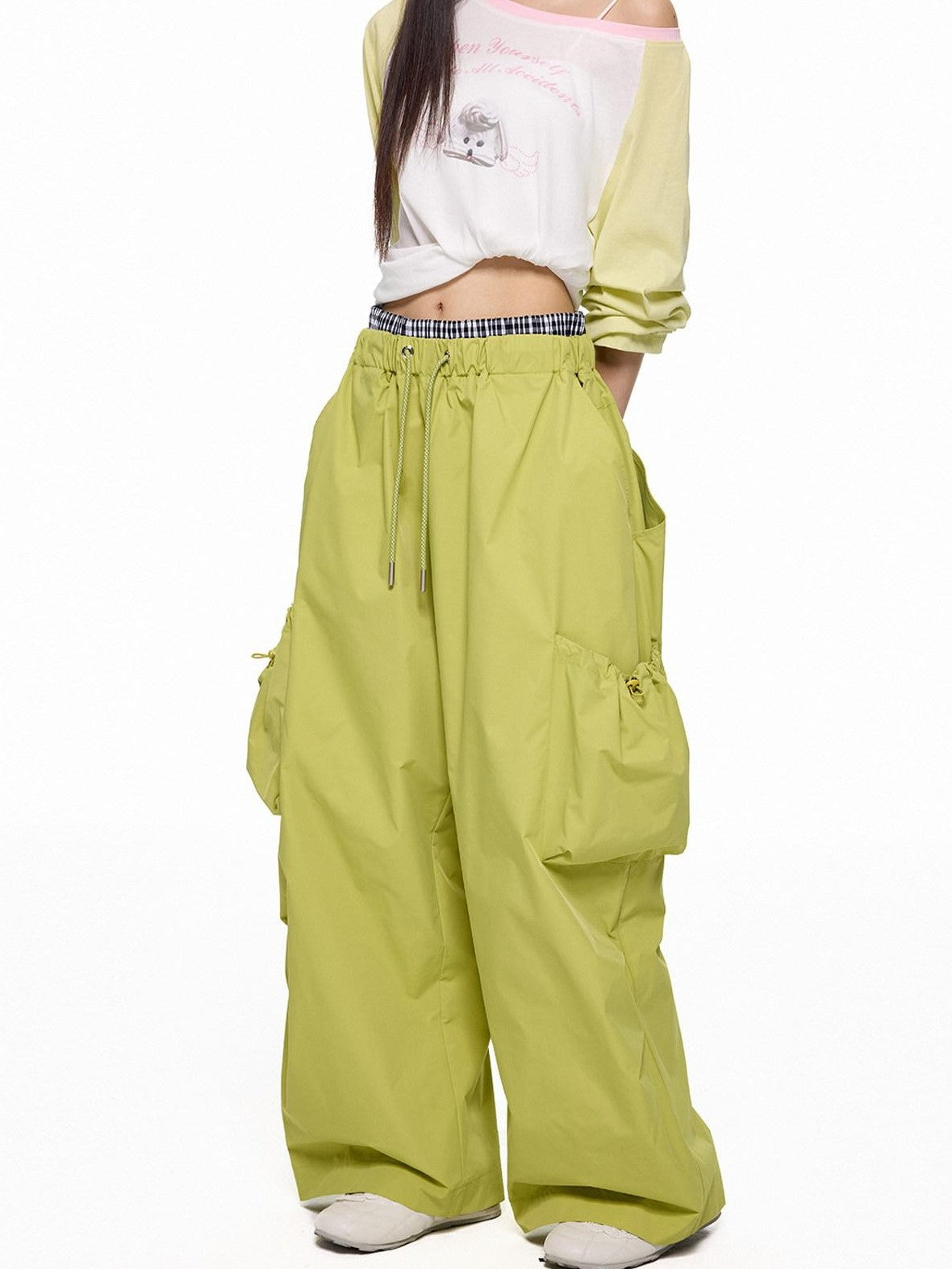 EZEK Apple Green Vintage Utility Cargo Pockets Women's Polyester Wide-leg Pants