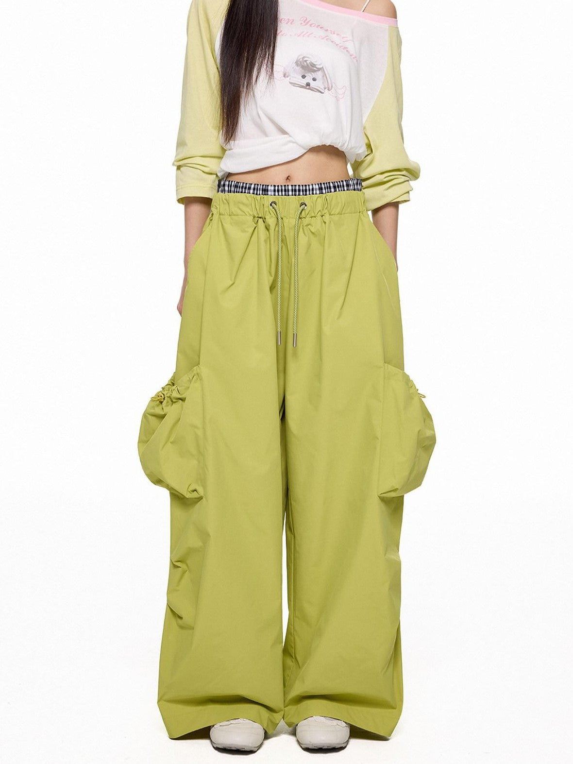 EZEK Apple Green Vintage Utility Cargo Pockets Women's Polyester Wide-leg Pants