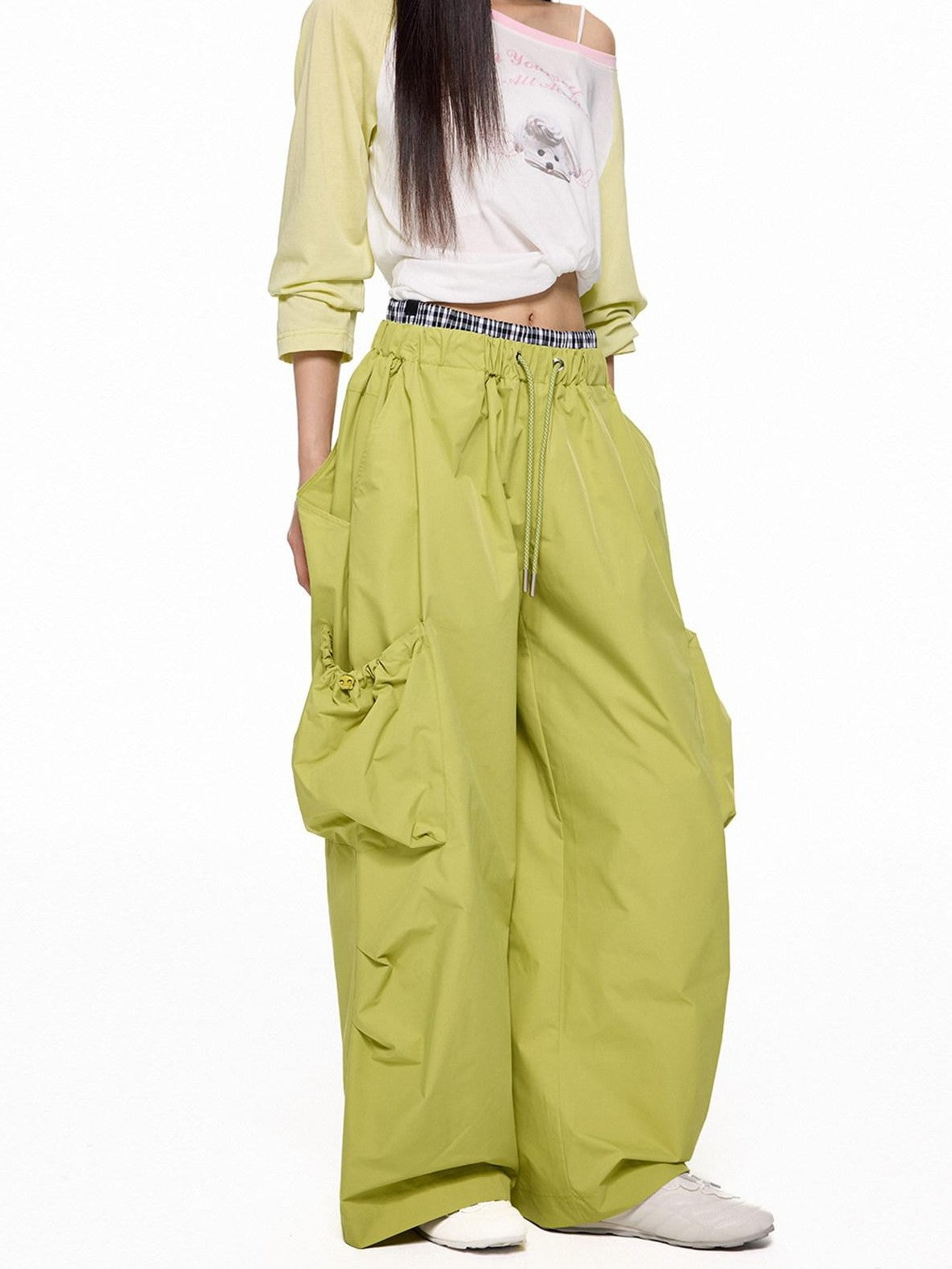 EZEK Apple Green Vintage Utility Cargo Pockets Women's Polyester Wide-leg Pants
