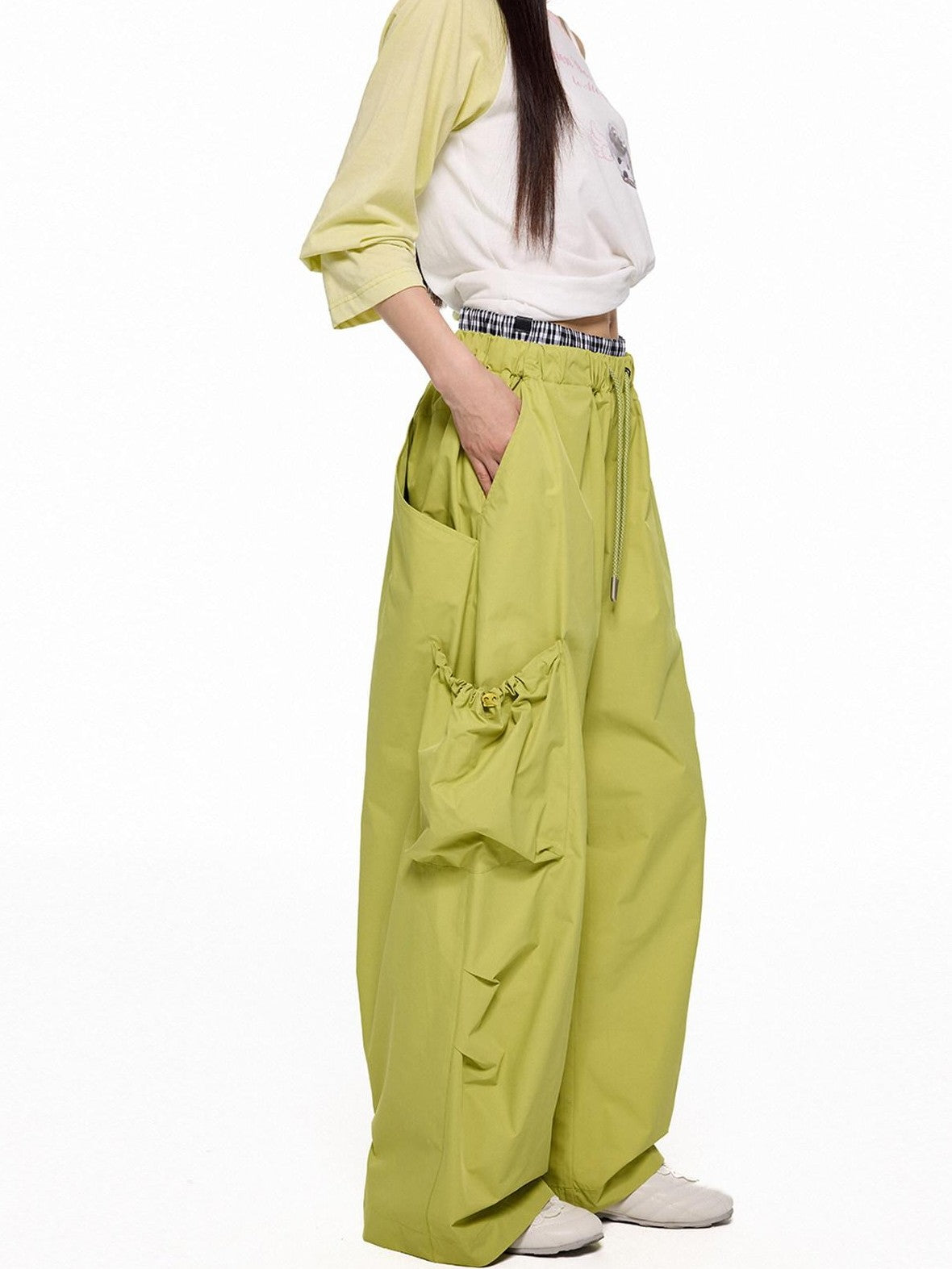 EZEK Apple Green Vintage Utility Cargo Pockets Women's Polyester Wide-leg Pants