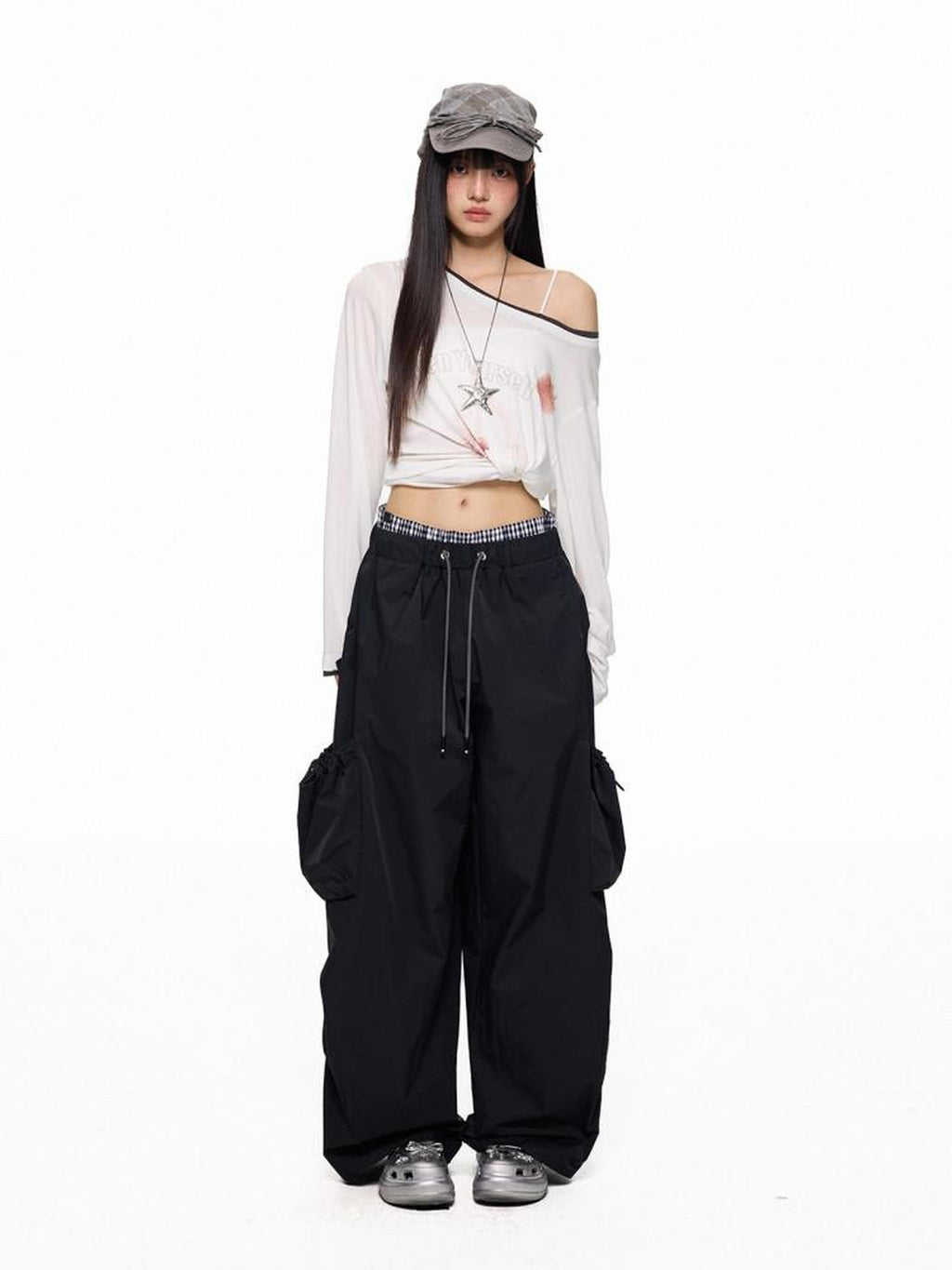 EZEK Apple Green Vintage Utility Cargo Pockets Women's Polyester Wide-leg Pants