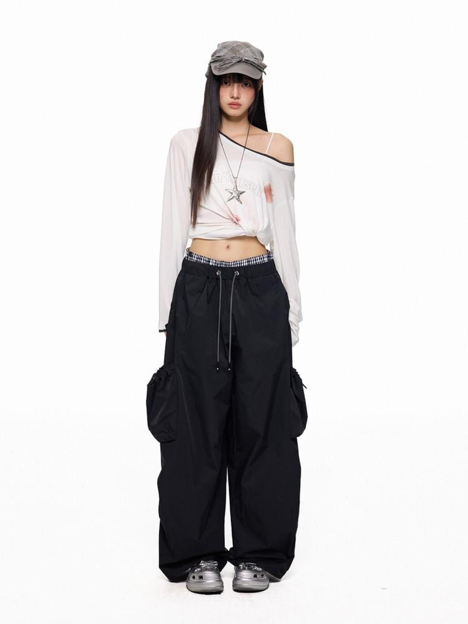 EZEK Apple Green Vintage Utility Cargo Pockets Women's Polyester Wide-leg Pants