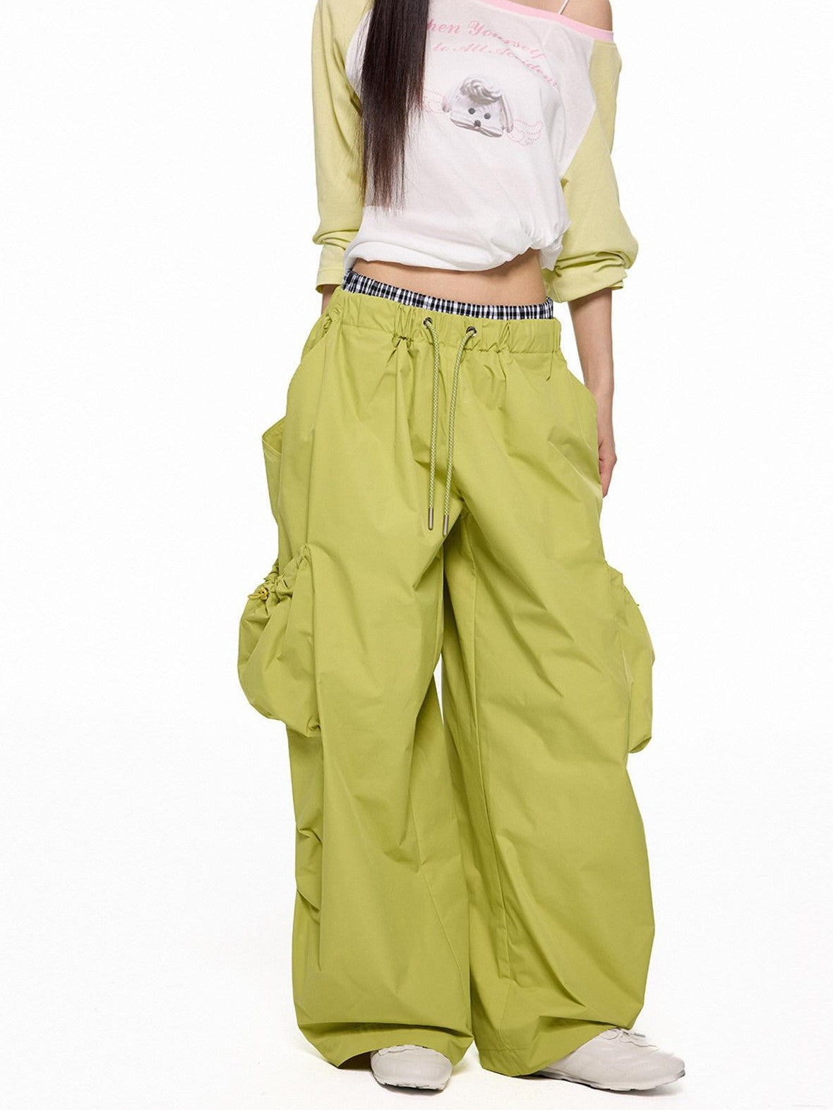EZEK Apple Green Vintage Utility Cargo Pockets Women's Polyester Wide-leg Pants
