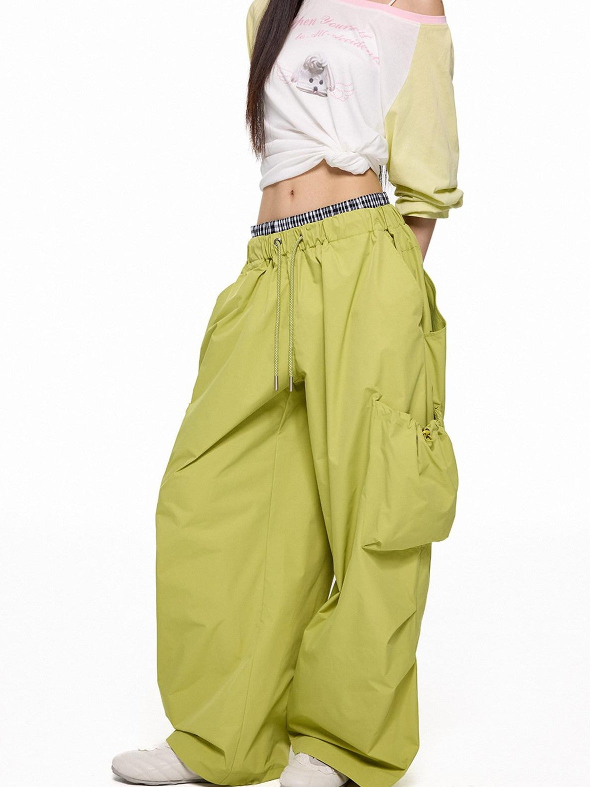 EZEK Apple Green Vintage Utility Cargo Pockets Women's Polyester Wide-leg Pants