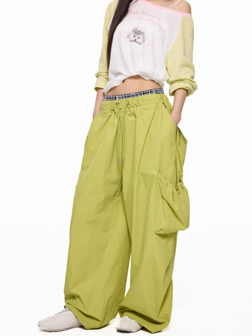 EZEK Apple Green Vintage Utility Cargo Pockets Women's Polyester Wide-leg Pants