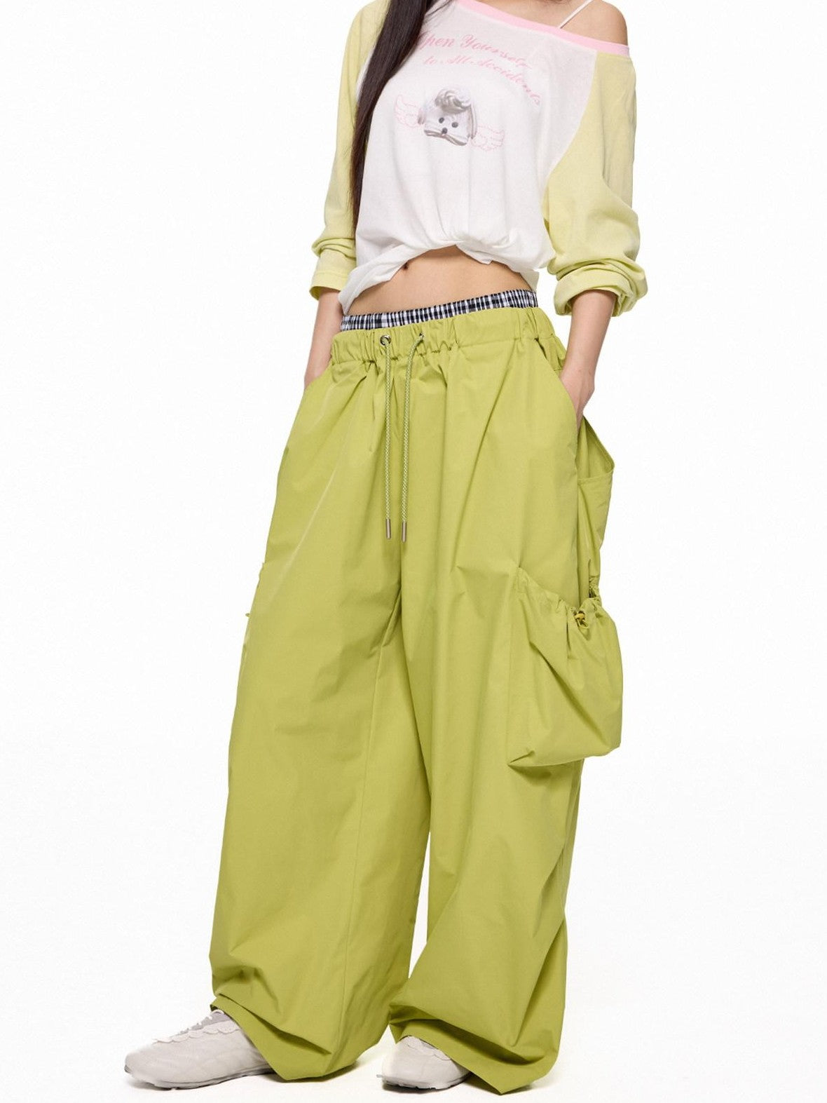 EZEK Apple Green Vintage Utility Cargo Pockets Women's Polyester Wide-leg Pants
