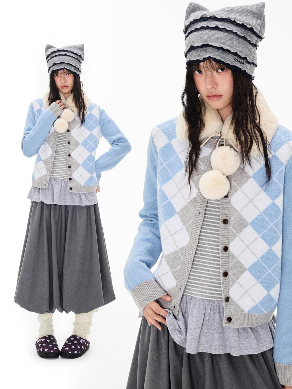EZEK Argyle Color Block Knit Women's Polyester Cardigans