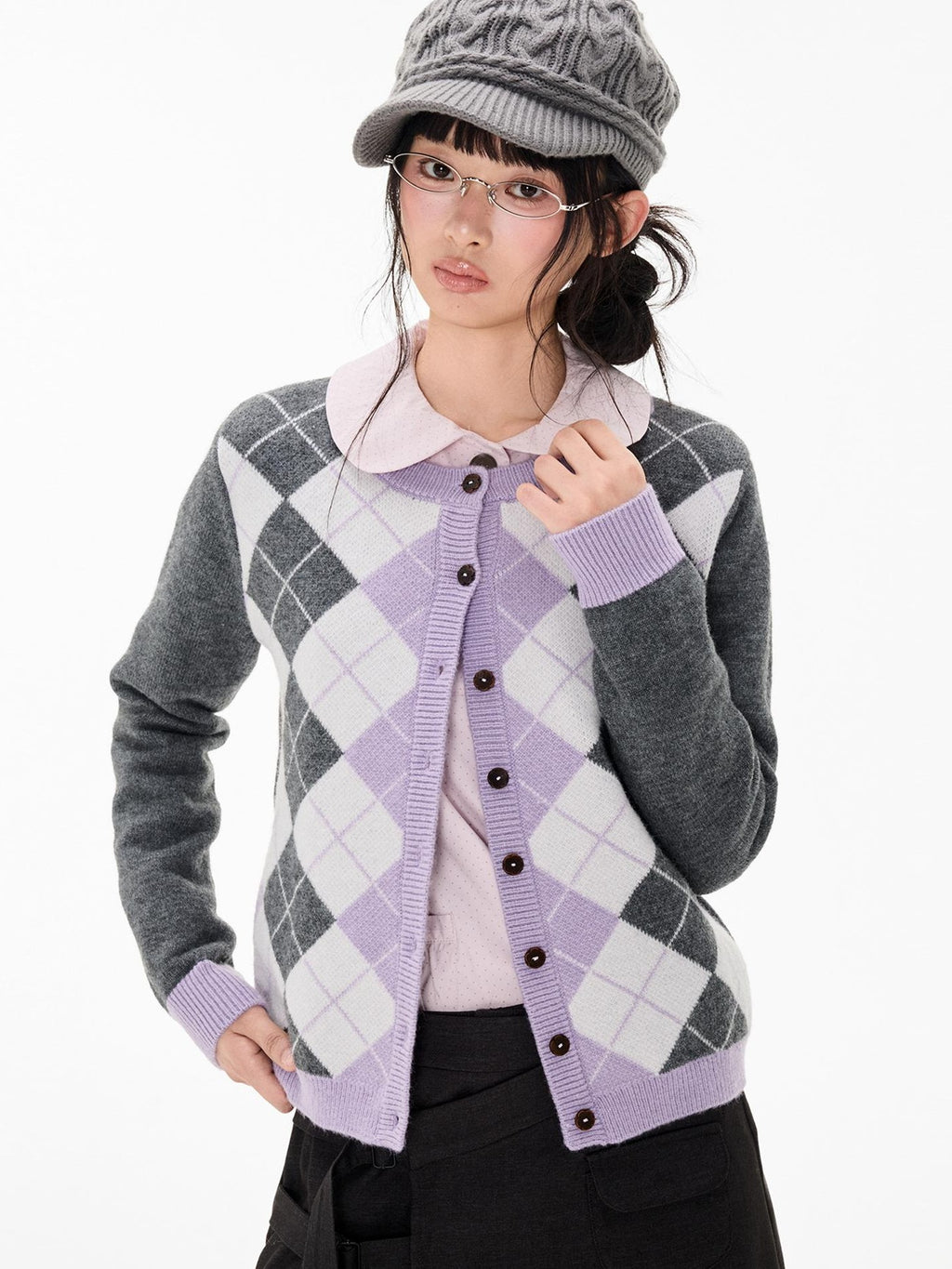 EZEK Argyle Color Block Knit Women's Polyester Cardigans