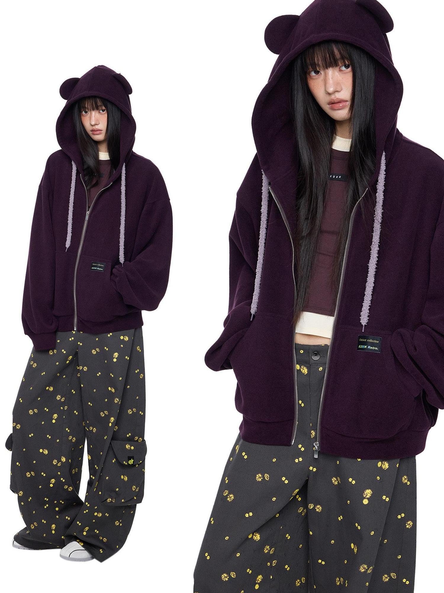 EZEK Bear Ear Drawstring Hood Loose Side Pockets Women's Cotton Zip-up Hoodies