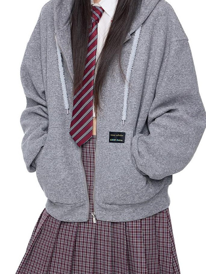 EZEK Bear Ear Drawstring Hood Loose Side Pockets Women's Cotton Zip-up Hoodies