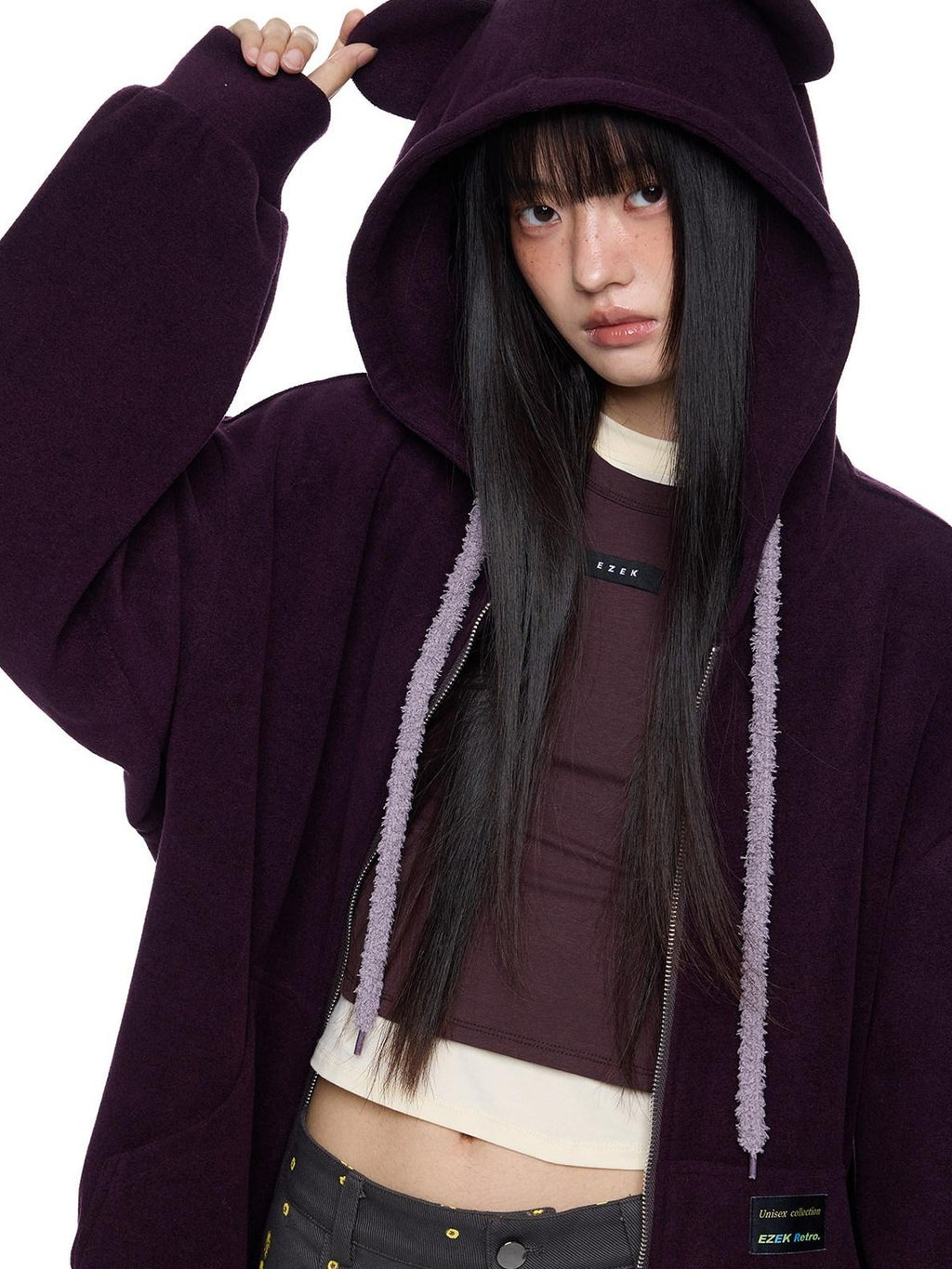 EZEK Bear Ear Drawstring Hood Loose Side Pockets Women's Cotton Zip-up Hoodies