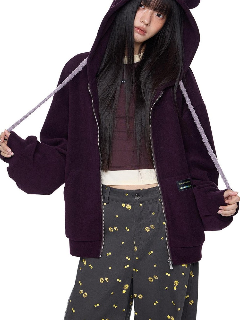 EZEK Bear Ear Drawstring Hood Loose Side Pockets Women's Cotton Zip-up Hoodies