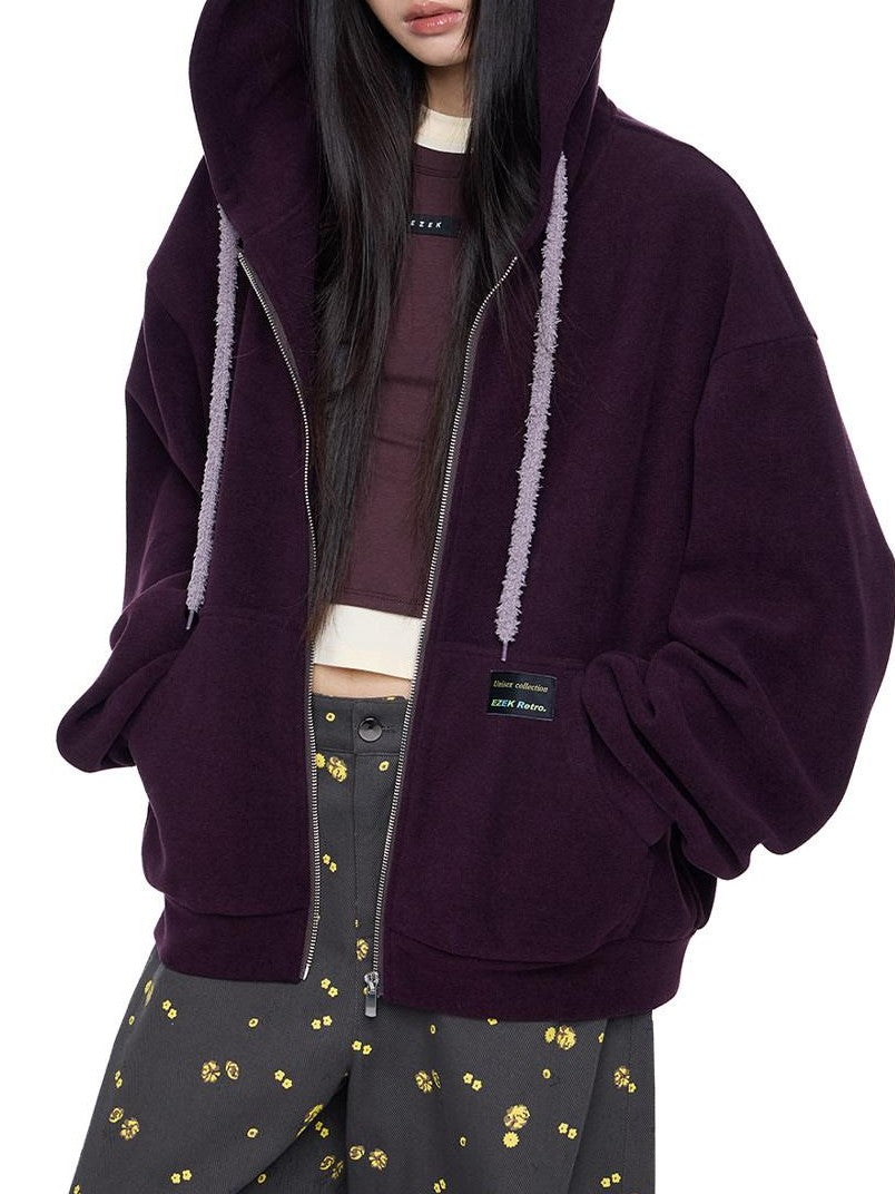 EZEK Bear Ear Drawstring Hood Loose Side Pockets Women's Cotton Zip-up Hoodies