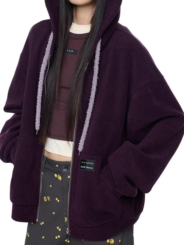 EZEK Bear Ear Drawstring Hood Loose Side Pockets Women's Cotton Zip-up Hoodies