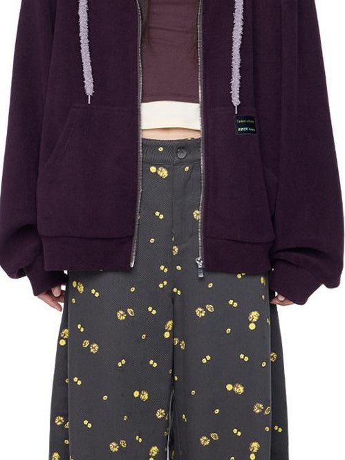 EZEK Bear Ear Drawstring Hood Loose Side Pockets Women's Cotton Zip-up Hoodies