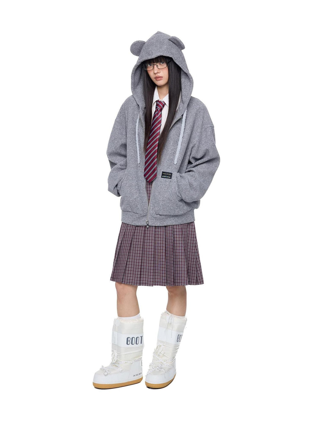 EZEK Bear Ear Drawstring Hood Loose Side Pockets Women's Cotton Zip-up Hoodies