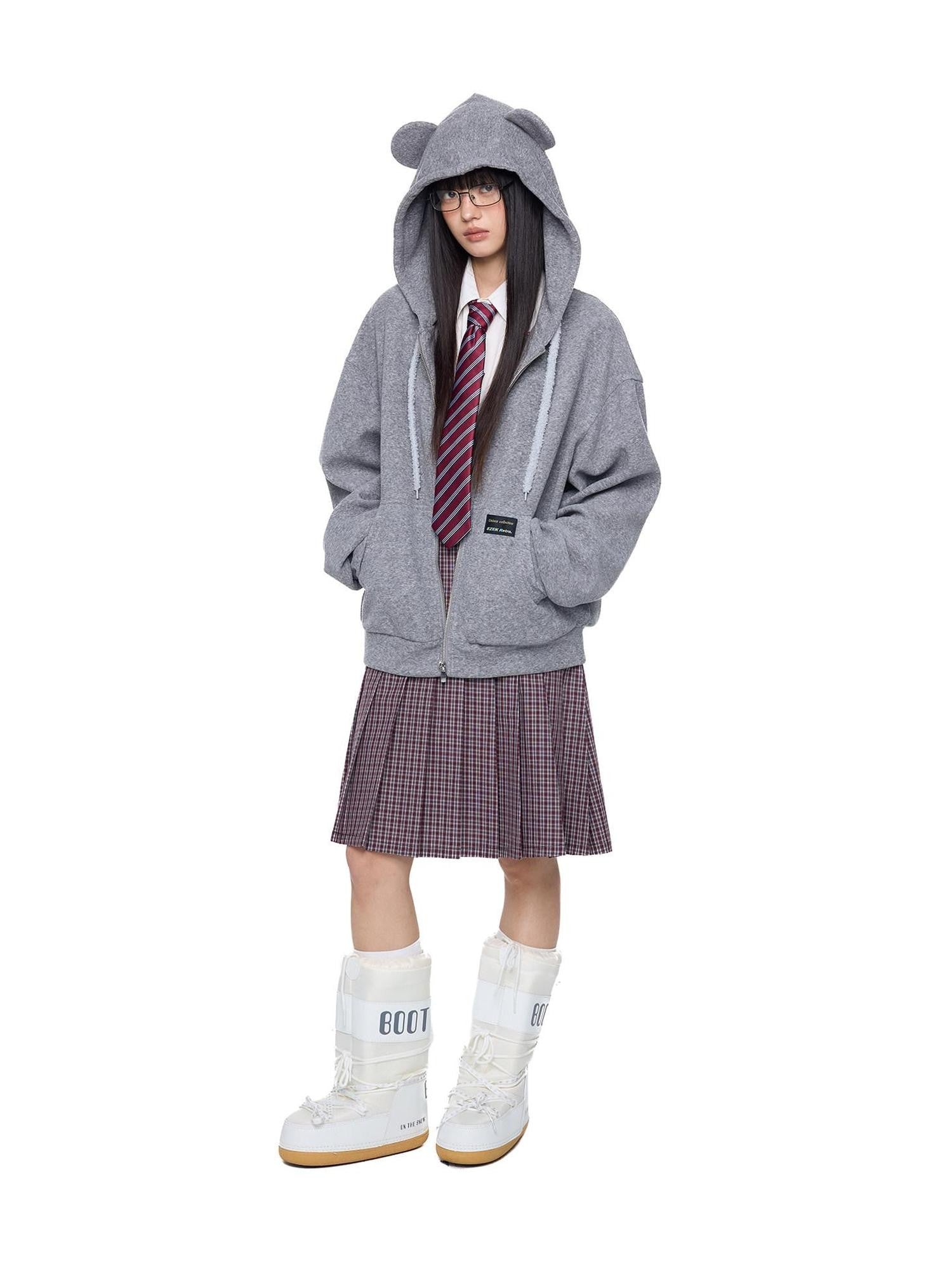EZEK Bear Ear Drawstring Hood Loose Side Pockets Women's Cotton Zip-up Hoodies
