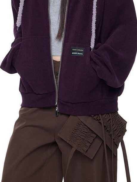 EZEK Bear Ear Drawstring Hood Loose Side Pockets Women's Cotton Zip-up Hoodies