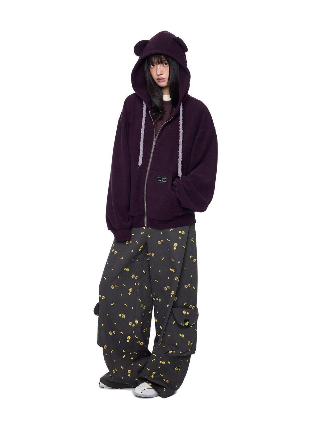 EZEK Bear Ear Drawstring Hood Loose Side Pockets Women's Cotton Zip-up Hoodies