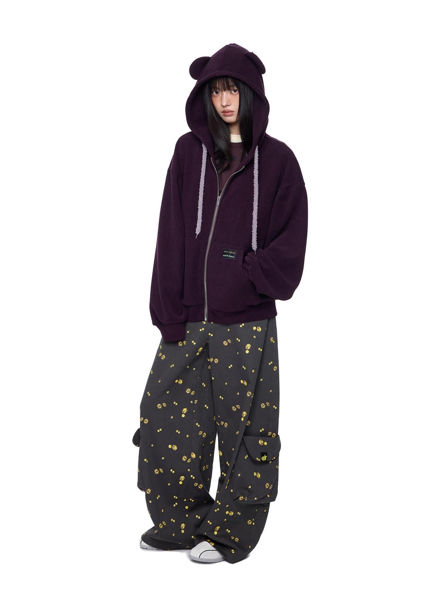 EZEK Bear Ear Drawstring Hood Loose Side Pockets Women's Cotton Zip-up Hoodies