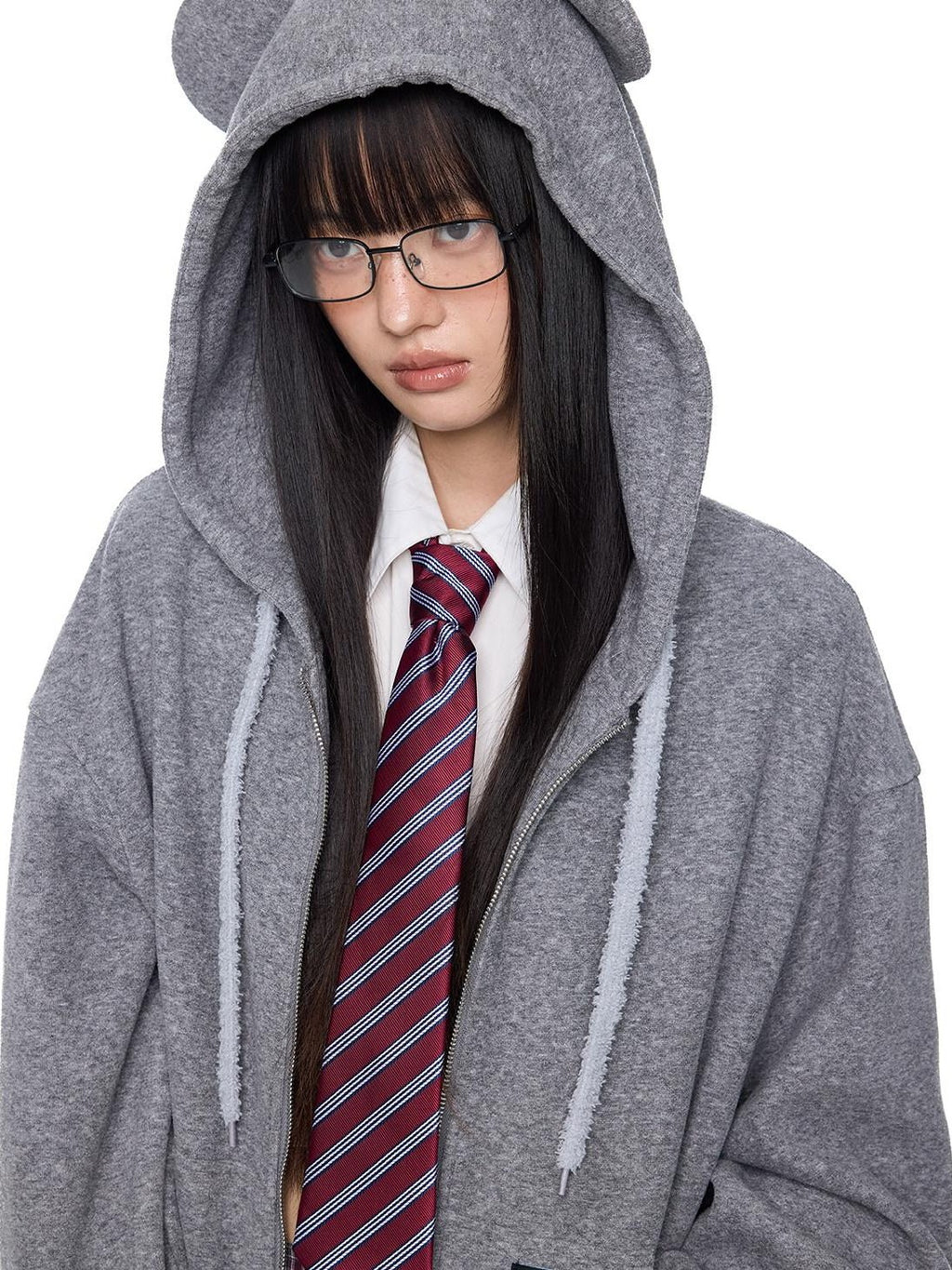 EZEK Bear Ear Drawstring Hood Loose Side Pockets Women's Cotton Zip-up Hoodies