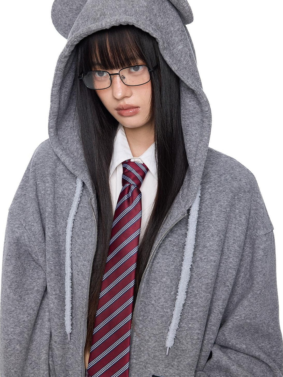 EZEK Bear Ear Drawstring Hood Loose Side Pockets Women's Cotton Zip-up Hoodies