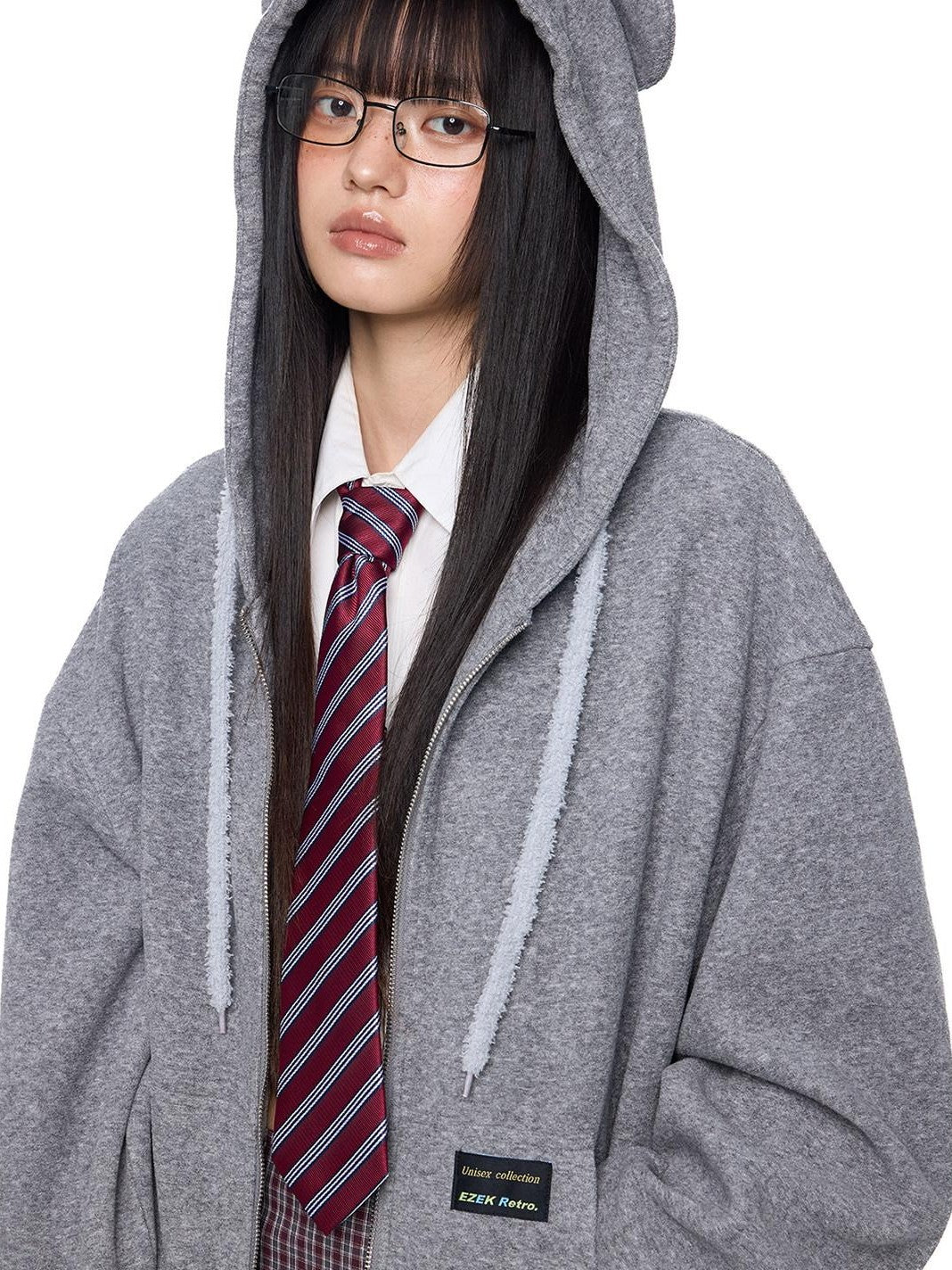 EZEK Bear Ear Drawstring Hood Loose Side Pockets Women's Cotton Zip-up Hoodies