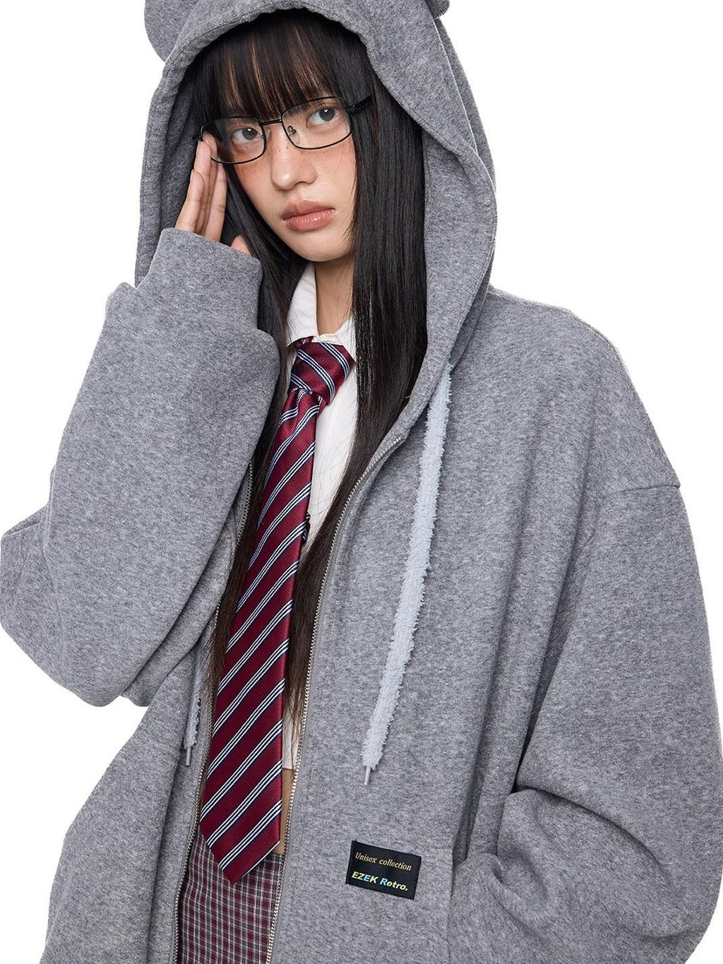 EZEK Bear Ear Drawstring Hood Loose Side Pockets Women's Cotton Zip-up Hoodies