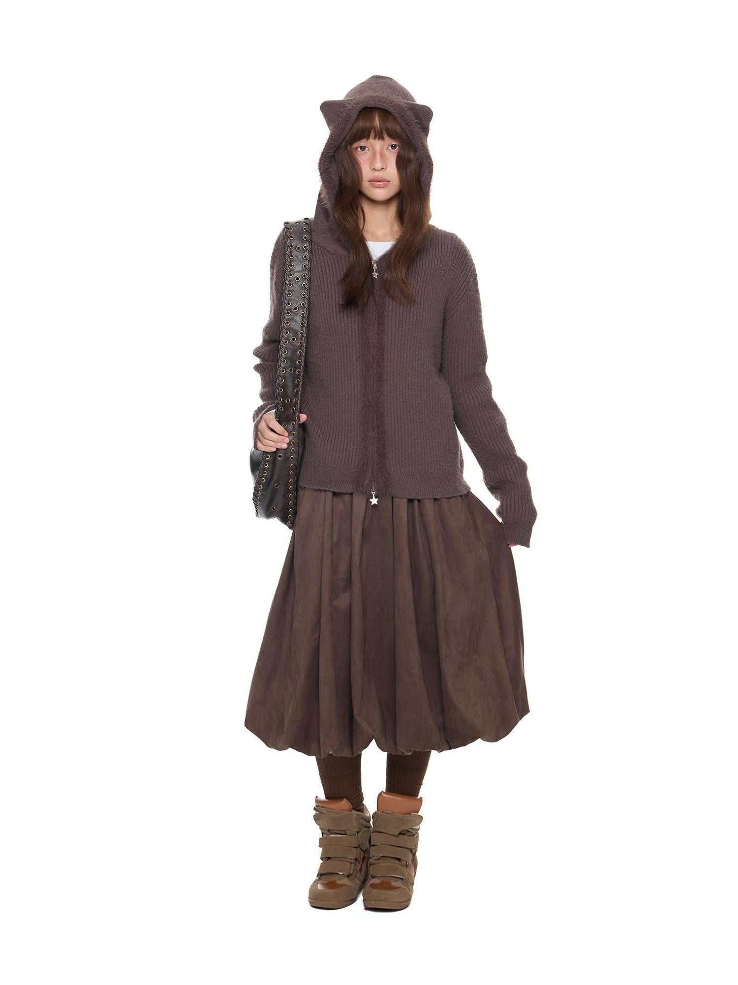 EZEK Bear Ear Hooded Knit Frayed Edge Spliced Chain Zipper Women's Acrylic Cardigans