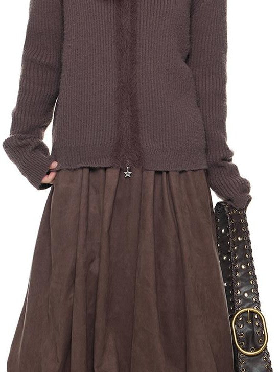 EZEK Bear Ear Hooded Knit Frayed Edge Spliced Chain Zipper Women's Acrylic Cardigans