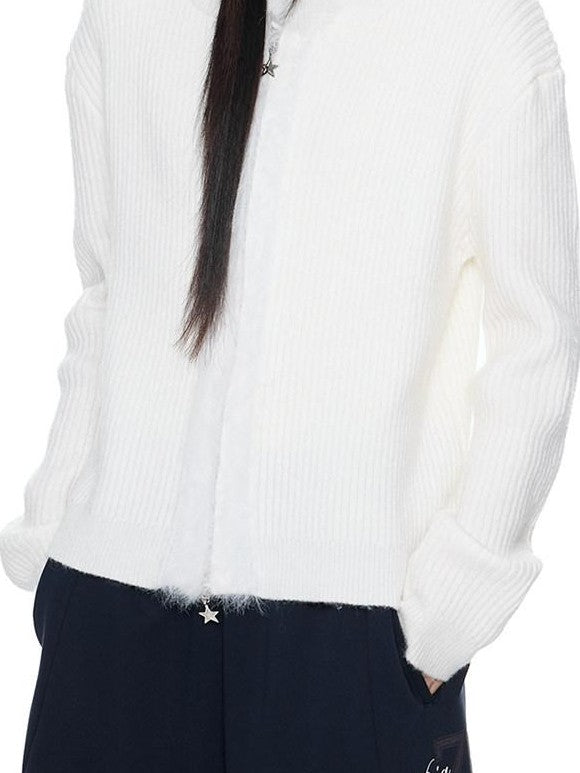 EZEK Bear Ear Hooded Knit Frayed Edge Spliced Chain Zipper Women's Acrylic Cardigans