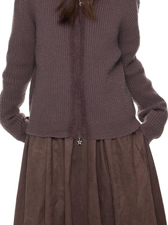 EZEK Bear Ear Hooded Knit Frayed Edge Spliced Chain Zipper Women's Acrylic Cardigans