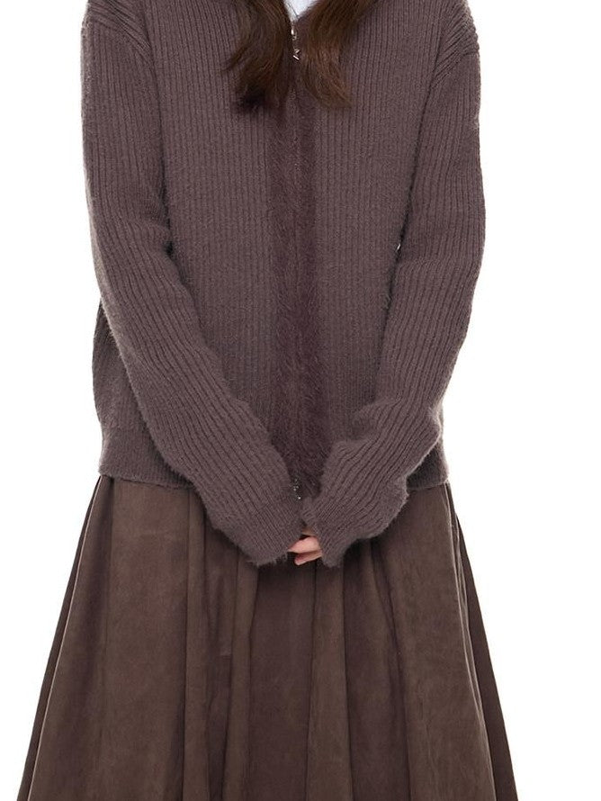 EZEK Bear Ear Hooded Knit Frayed Edge Spliced Chain Zipper Women's Acrylic Cardigans