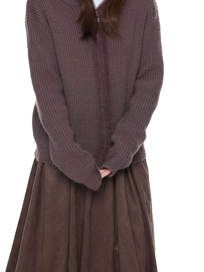 EZEK Bear Ear Hooded Knit Frayed Edge Spliced Chain Zipper Women's Acrylic Cardigans