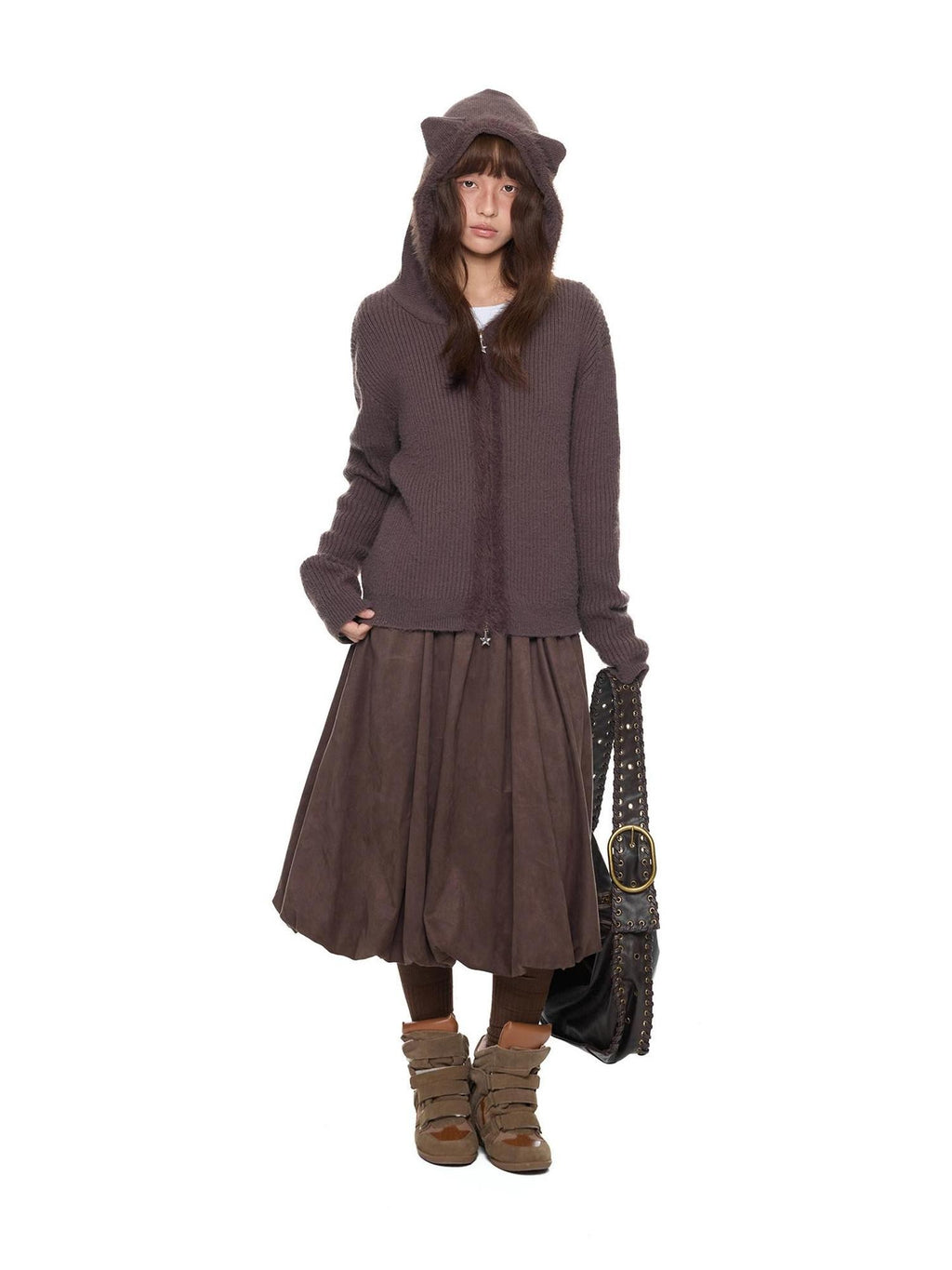 EZEK Bear Ear Hooded Knit Frayed Edge Spliced Chain Zipper Women's Acrylic Cardigans