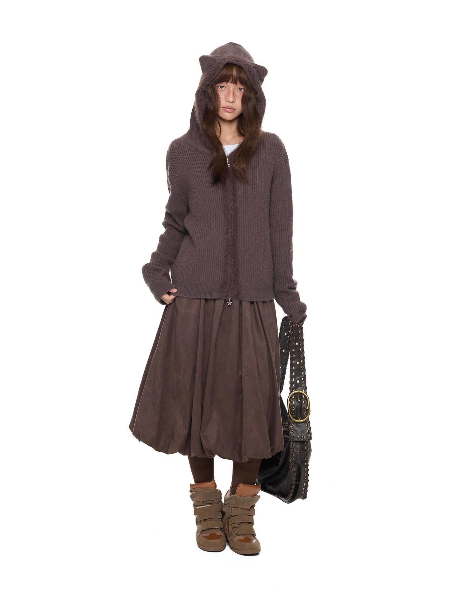 EZEK Bear Ear Hooded Knit Frayed Edge Spliced Chain Zipper Women's Acrylic Cardigans